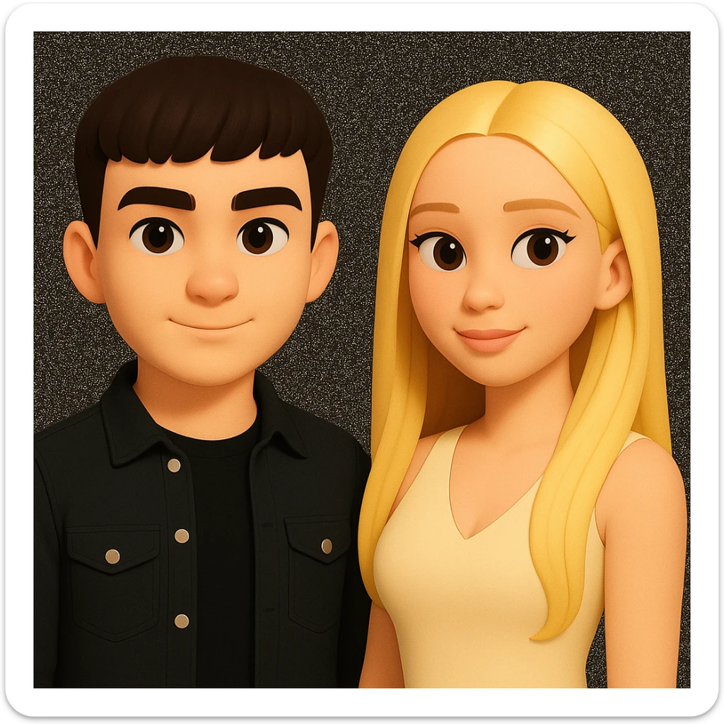 Slightly increase the volume of the upper body of the girl, spread them far apart from each other, make the skin color the same for both characters, keep the cartoon style as in the reference image. sticker