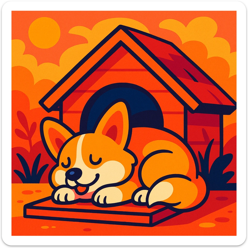 a corgi sleeping in a cozy dog house, warm colors, vibrant toon style, cartoonish, colorful sticker