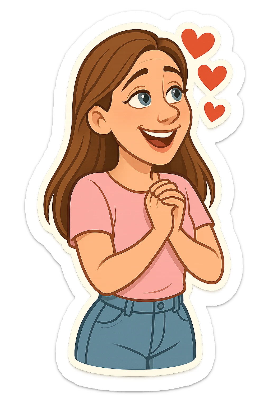 3D cartoon sticker, DreamWorks style of a 30-year-old woman with long light brown hair below shoulder blades, fair skin, large expressive blue eyes, slight bump on nose, wearing a pastel pink t-shirt and light blue mom jeans, in love with hearts around head, soft light, white sticker outline sticker