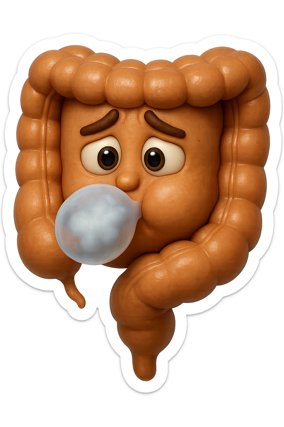 emoji stile iphone di un intestino che ingoia una nuvoletta di aria ben visibile e gli si gonfia la pancia, iperrealistico 4k sticker