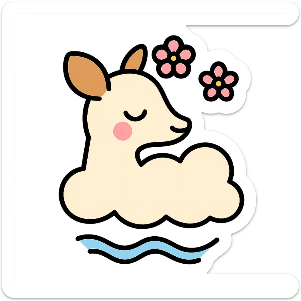 feminine adult vanilla cloud doe with rosy cheeks and cherry flowers, floating gracefully, minimalist style, brand identity, social media sticker