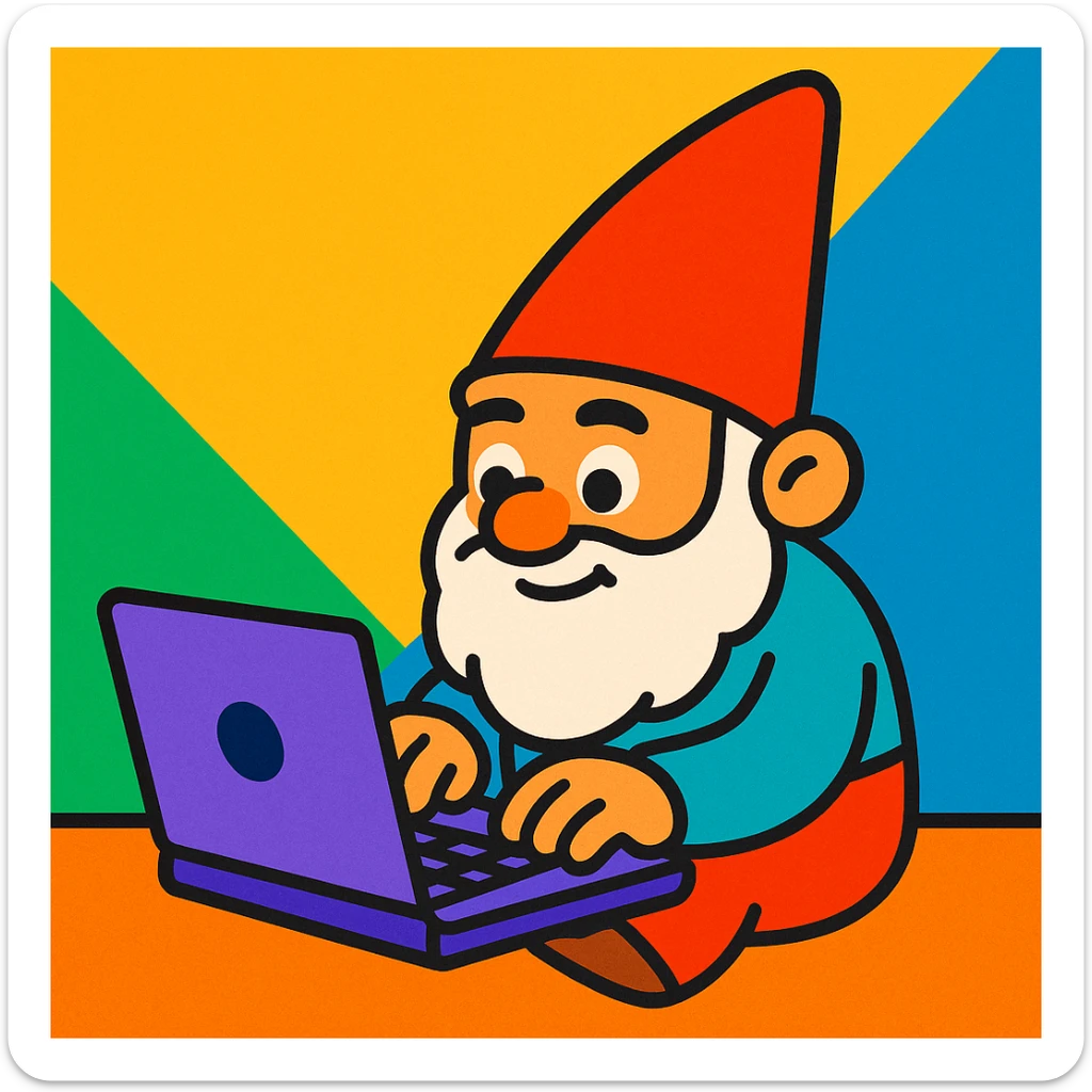 a gnome typing on a laptop, in a colorful, vibrant toon style sticker