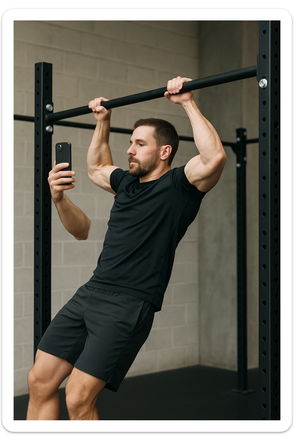 uomo che fa Muscle up e si sta filmando di lato con il telefonino che lo riprende mentre si allena, così da analizzarsi dopo sticker