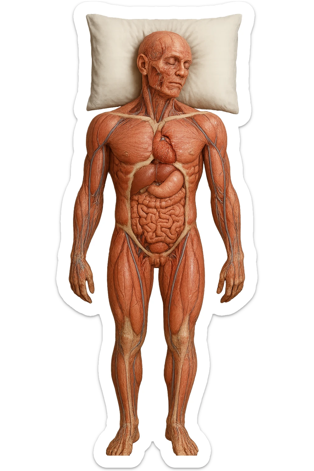 corpo umano anatomico CON TESTA SUL CUSCINO PERCHé STA DORMENDO, VISTO DALL'ALTO, iperrealistico 4k sticker