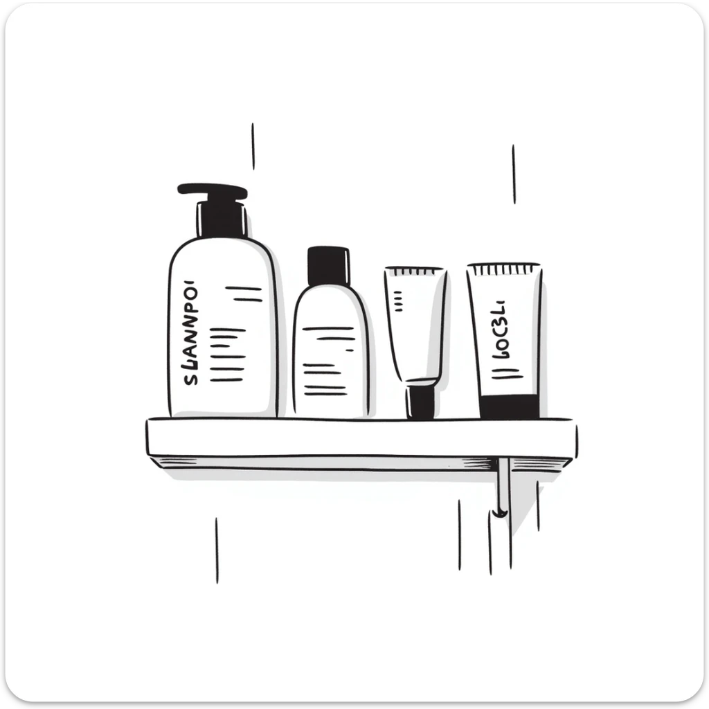 Shampoo bottle, color tube, and conditioner standing on a shelf, products are luxury brand-labeled sticker