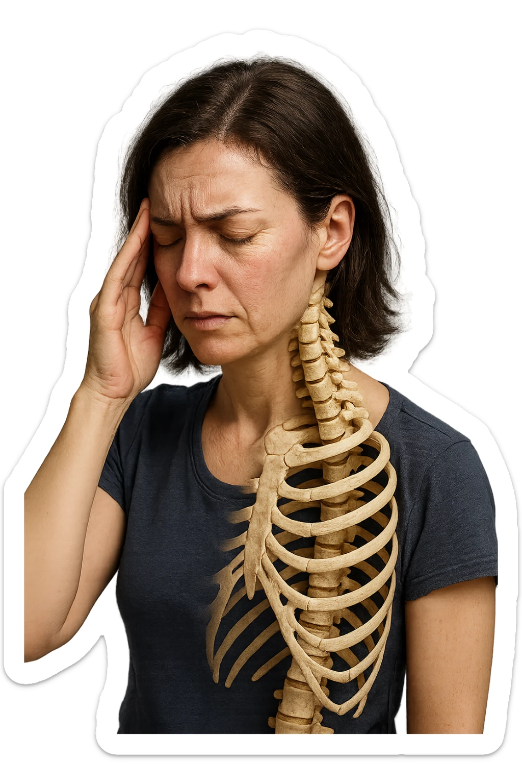 donna stanca che si tiene una mano sulla tempia con spina dorsale anatomica visibile, iperrealistico 4k sticker
