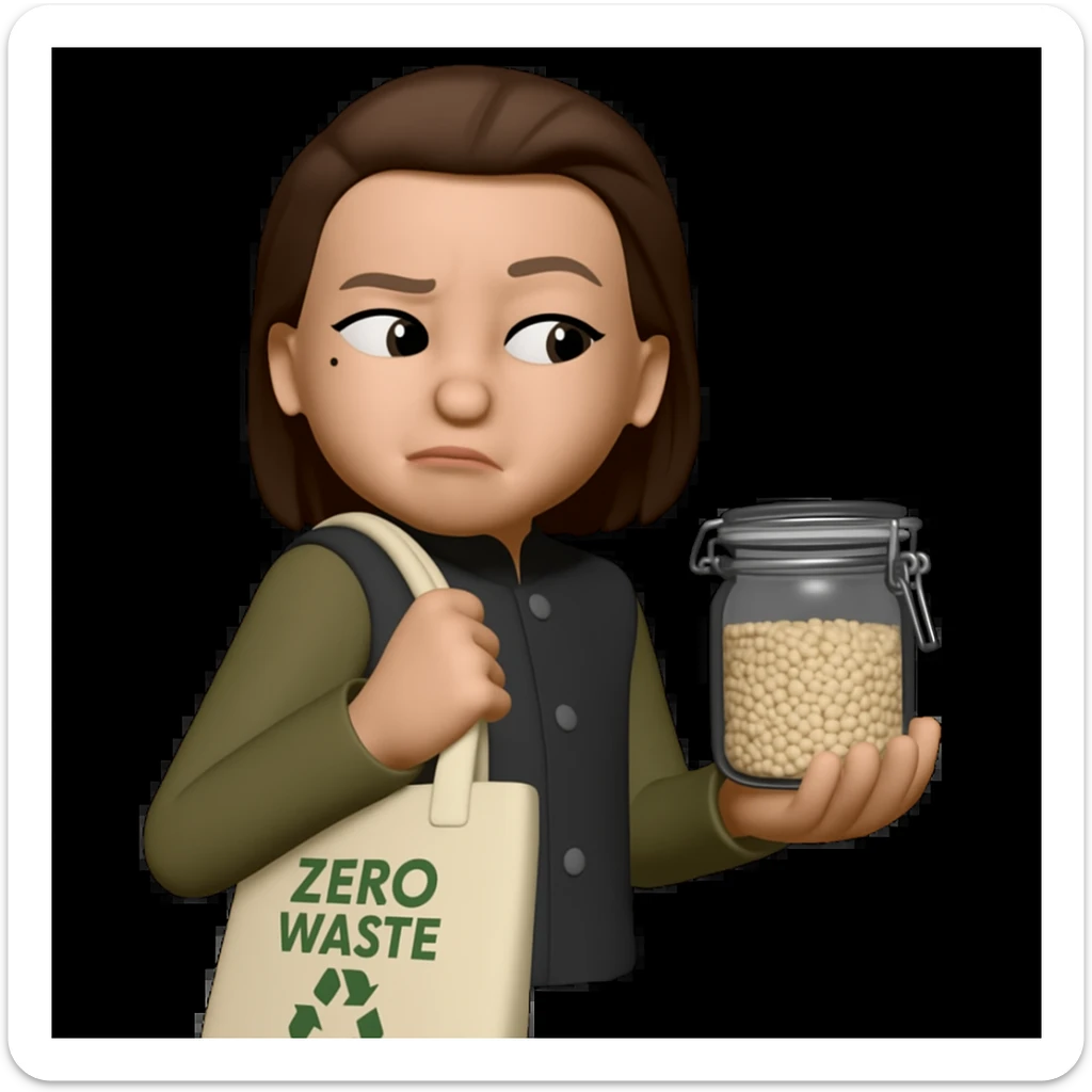 Edit the image to show the woman shopping in a zero waste store, holding a reusable bag and a glass jar. She should have a sneaky or curious expression as if spying on other customers. Keep the original style of the image. Make the background transparent. sticker