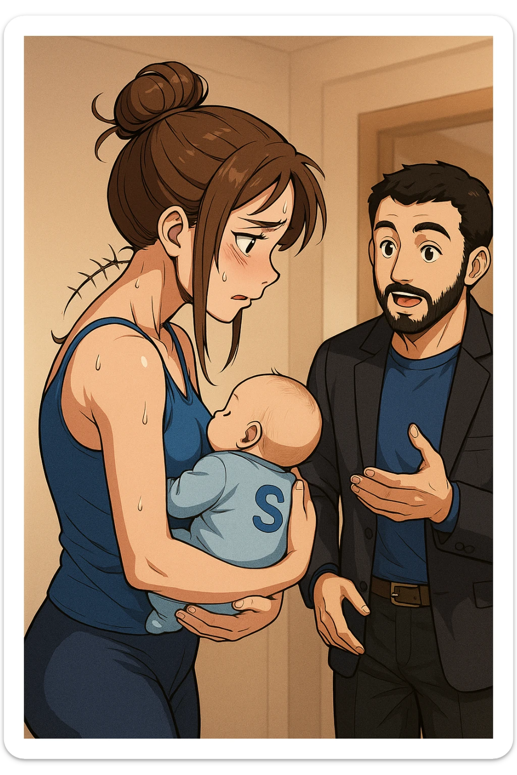 ispirati a questo stile di disegno e fai questa immagine in versione manga/webtoon a colori, il manga mostra la donna preoccupata di profilo con la postura sbagliata e incurvata, spalle chiuse e curve in avanti, con un neonato in braccio con una tutina azzurra e la scritta "S" sulla schiena, spina dorsale storta della donna in evidenza mentre ascolta l'uomo mentre l'uomo gli sta spiegando una cosa, ma non fare i fumetti, fai come se stessero parlando sticker