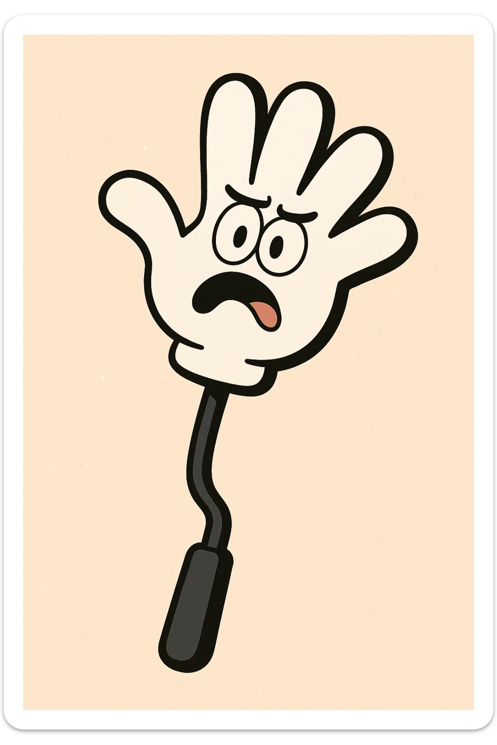 cartoon style slap hand toy, white palm, black stick, outlined in black sticker