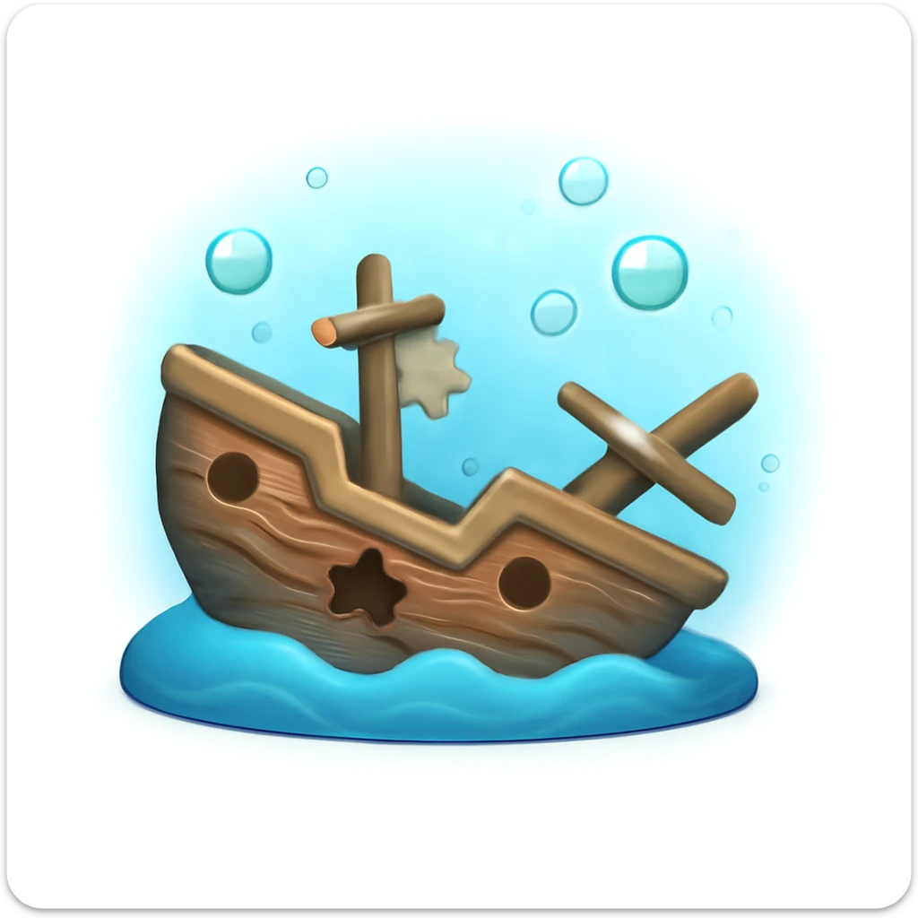 3D iPhone style emoji of a sunken ship underwater, lying on the ocean floor, broken details, surrounded by bubbles and soft blue water effect, isolated on white background, soft shadows, high detail, playful and cute. sticker