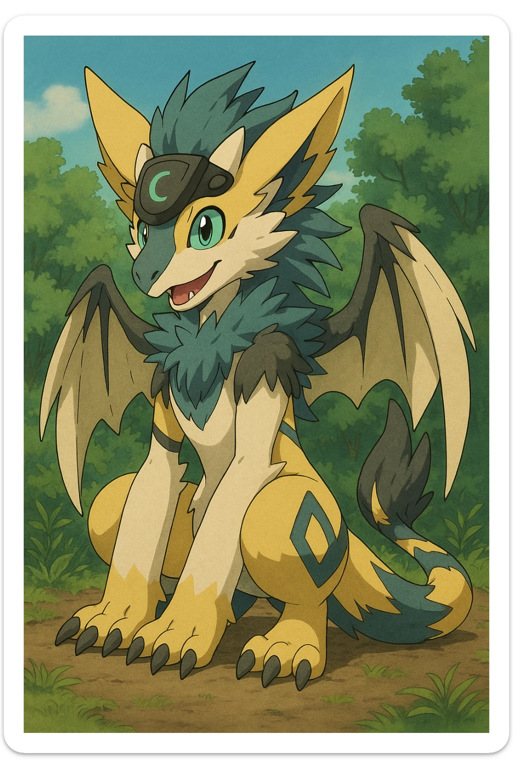 Sergal-Protogen-Trico-Zeraora-Vernid-fusion-hybrid-creature, drawn in a Pokémon/Digimon style sticker