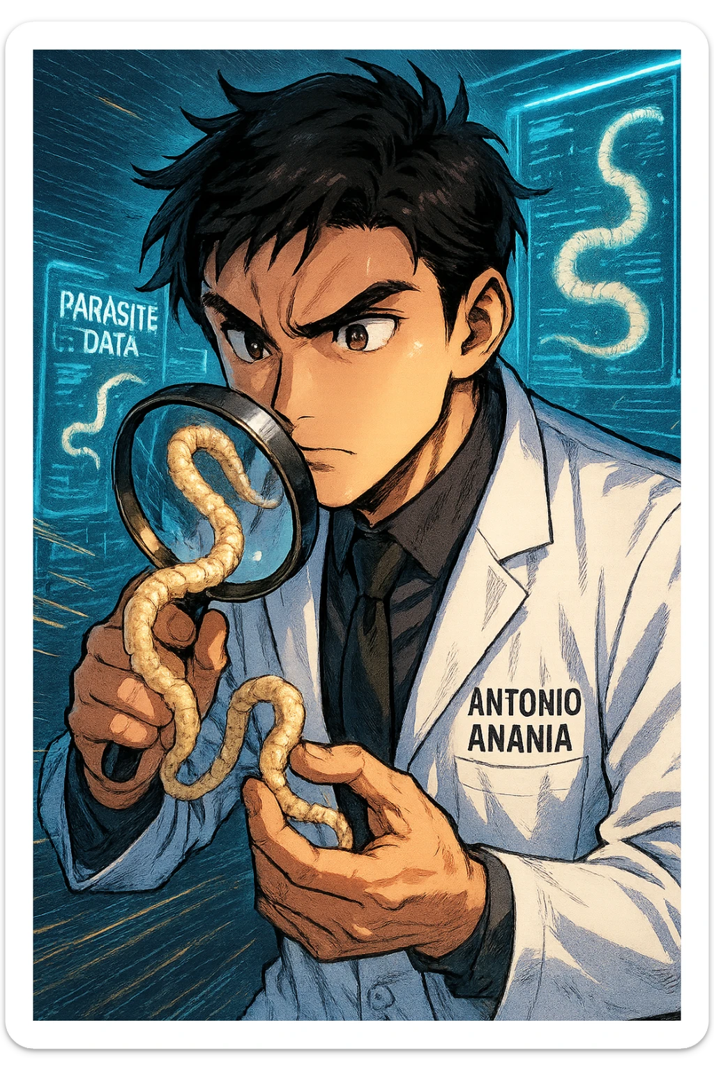A dynamic manga/webtoon-style illustration of a young male kinesiologist wearing a clean white lab coat, analyzing light beige worms like a tapeworm under a magnifying glass. His expression is focused and slightly intrigued, with sharp, detailed eyes. The art style is vibrant, with bold linework, rich colors, and dramatic lighting. The background is a futuristic laboratory with glowing holographic screens displaying parasite data. The tapeworm is intricately drawn, slimy and segmented, with a slightly exaggerated yet realistic texture. The composition is dynamic, with motion lines or energy effects to emphasize his scientific investigation. The atmosphere is intense but not dark, keeping a balance between scientific seriousness and stylish manga aesthetics, he has "ANTONIO ANANIA" WRITTEN ON WHITE LAB COAT sticker