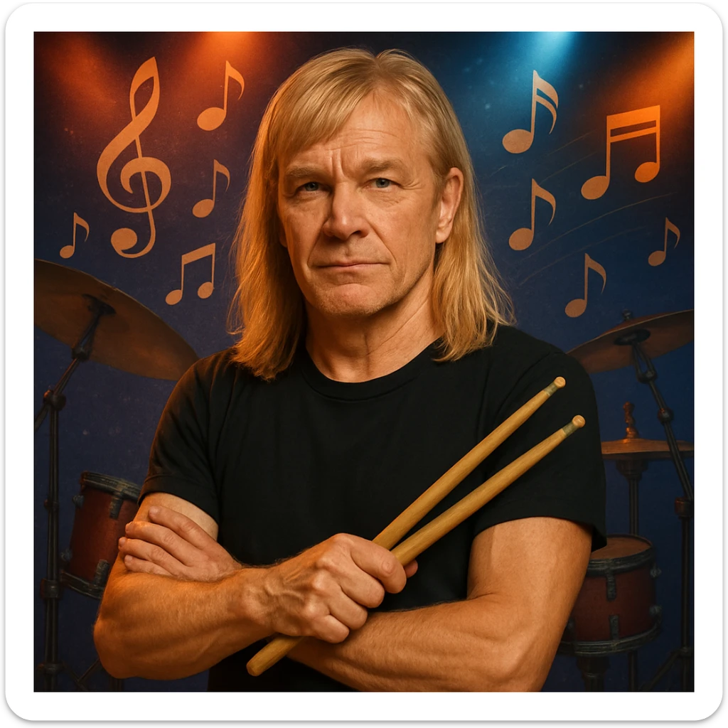 Make the blonde male drummer look older with mature facial features and subtle signs of age, while keeping the long top hair with bangs and confident look. sticker