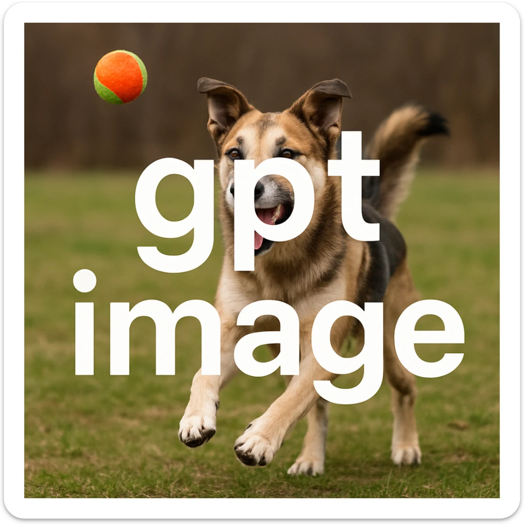  logo with text "gpt image" on the background of a dog chasing ball, realistic image sticker