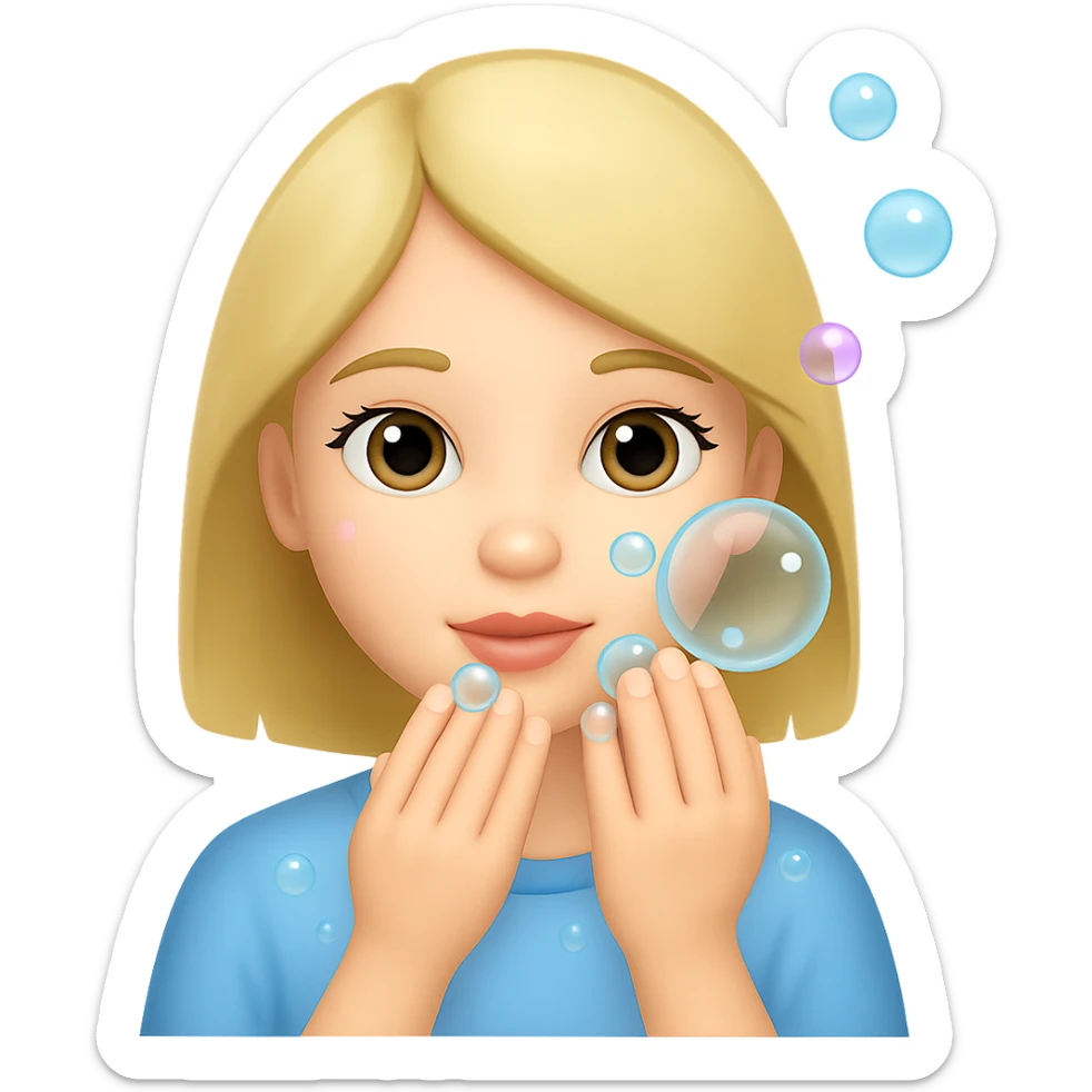 Edit the image of a girl washing her face with bubbles, blonde hair, same style as the original, with no background. sticker