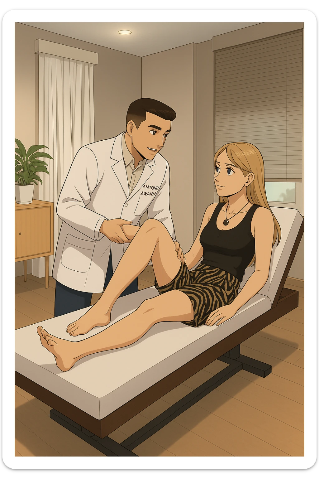 fai un webtoon/manga a colori con questo kinesiologo in camice bianco (fagli la scritta "ANTONIO ANANIA" SUL CAMICE) CHE SVOLGE UN TEST NEUROMUSCOLARE SOLLEVANDO UNA GAMBA ALLA RAGAZZA CHE è STESA SU UN LETTINO BIANCO. STANZA SEMPLICE E MODERNA, DURANTE IL TEST I DUE DIALOGANO TRA LORO. NON FARE I FUMETTI, FAI SOLO LORO COME SE DIALOGASSERO sticker