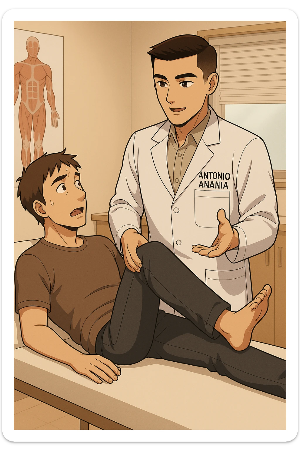 fai un webtoon manga a colori con questo stile, in cui un uomo è steso sul lettino medico e il kinesiologo con il camice bianco (fagli anche la scritta "ANTONIO ANANIA" SUL CAMICE, gli solleva una gamba per fargli il test neuromuscolare, IL KINESIOLOGO SPIEGA ALL'UOMO UNA cosa mentre gli alza la gamba. non fare i fumetti però, fai solo in modo che sembri stiano parlando, il lettino fai in modo che si veda tutto intero sticker