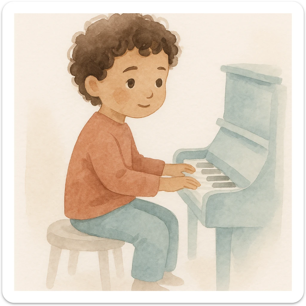 a kid with curly hair and brown eyes playing piano, watercolor illustration style sticker