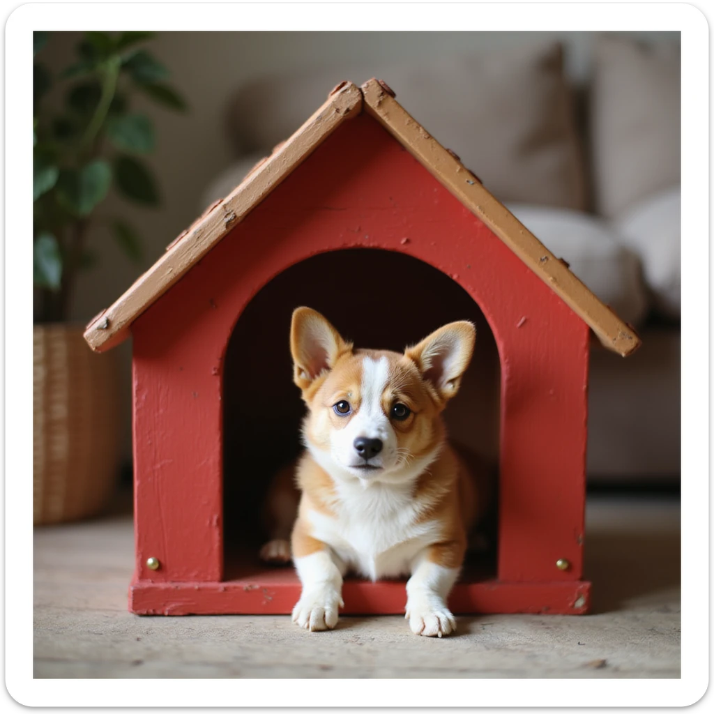 realistic red dog house with a Corgi dog inside, Corgi with a puppy, photorealistic style sticker