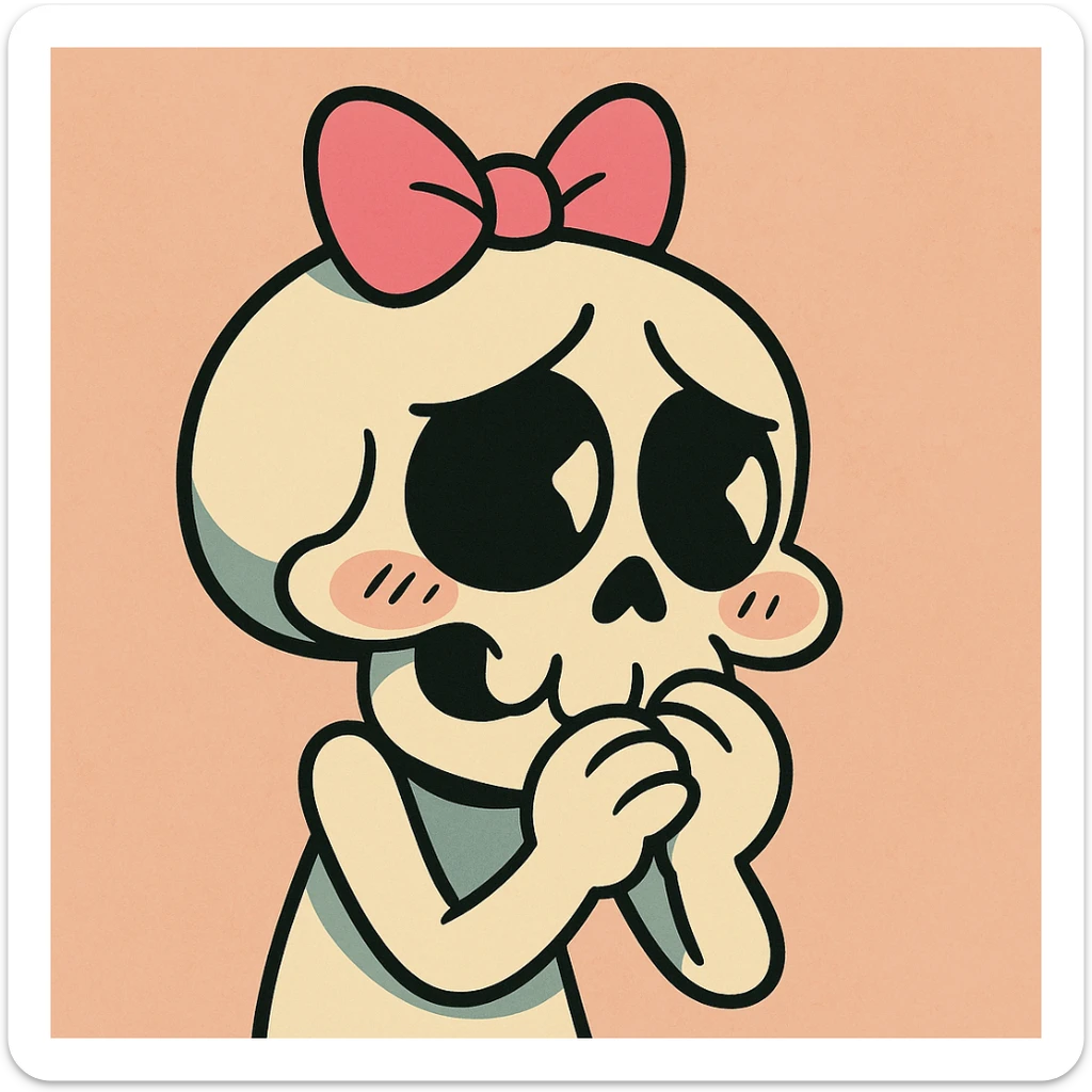 a shy skull with a pink bow, cartoon style, bold lines, vibrant colors, playful and expressive sticker