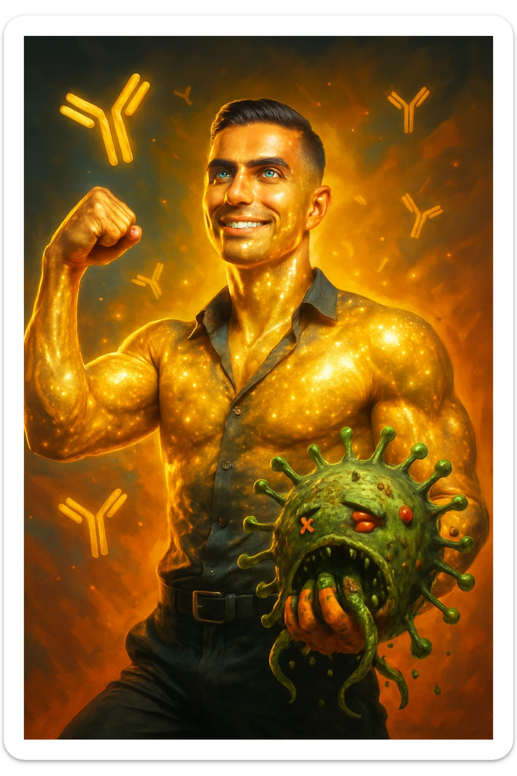 Un uomo atletico (30-40 anni) dalla pelle perfettamente liscia, senza cicatrici o imperfezioni, che emana un leggero bagliore dorato (metafora degli anticorpi).
Occhi brillanti con riflessi blu-verdi (simbolo di salute estrema).
Postura eroica, con un braccio sollevato in un gesto di forza, mentre con l'altro tiene un batterio gigante schiacciato come se fosse un mostro sconfitto. sticker