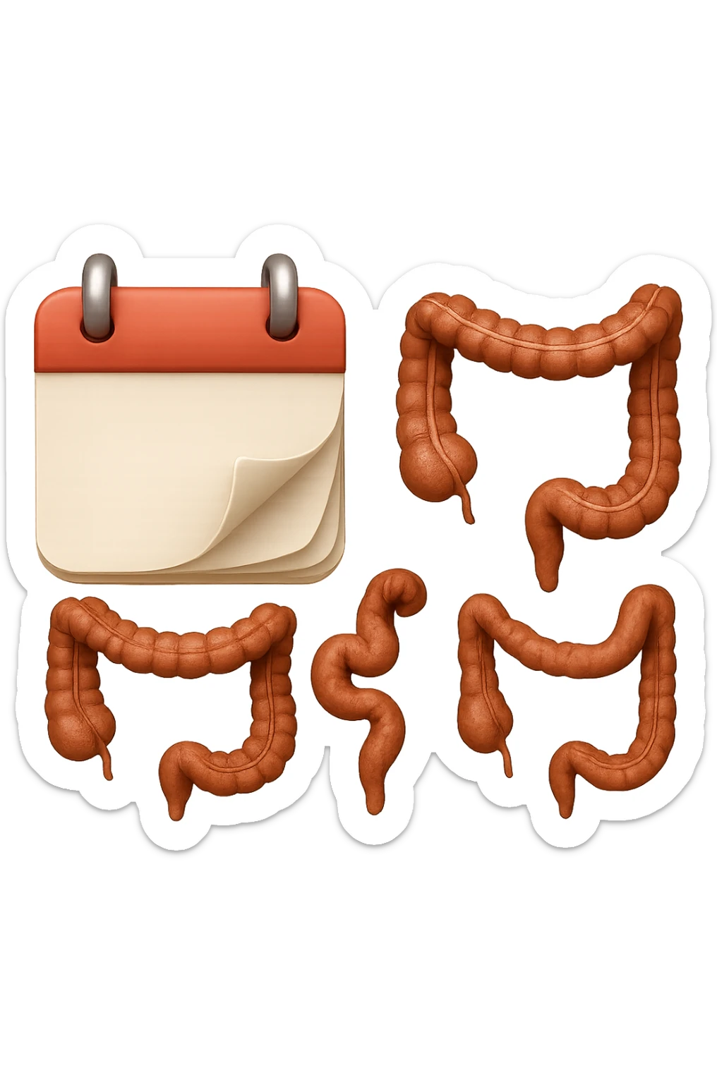 emoji stile iphone di un calendario con fogli che volano insieme a pezzi anatomici di colon umano, iperrealistico 4k, isolato su sfondo bianco sticker