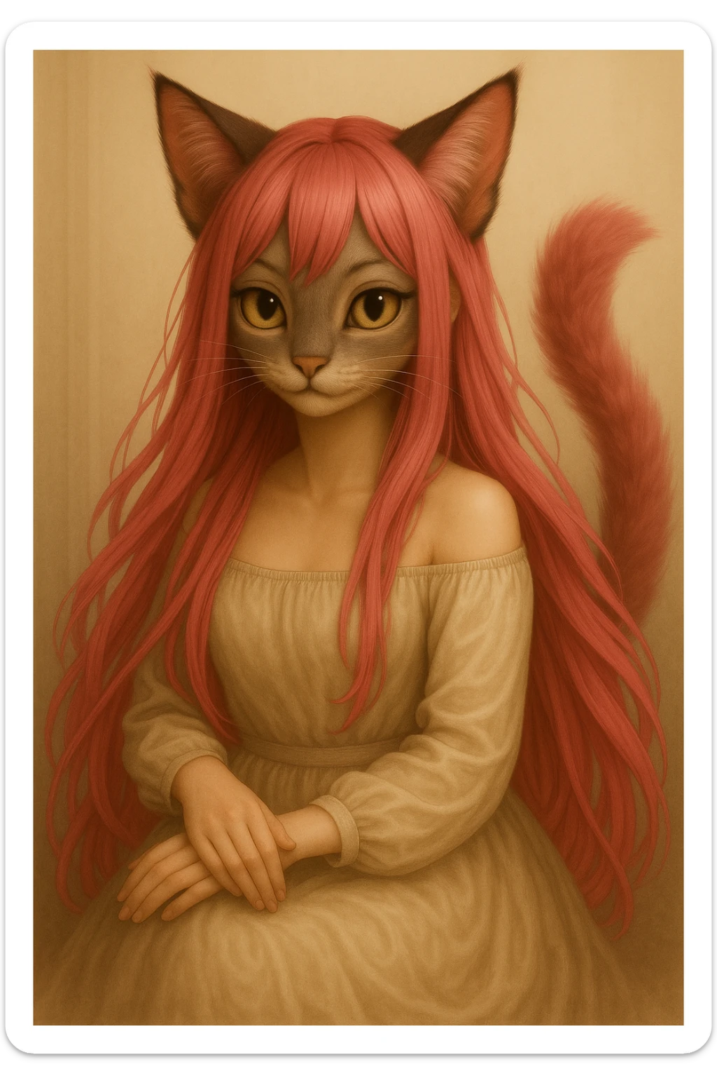 Make the hair a bright pink shade, maintaining the realistic anime catgirl look with strong cat-like features, preserving the style and details. sticker