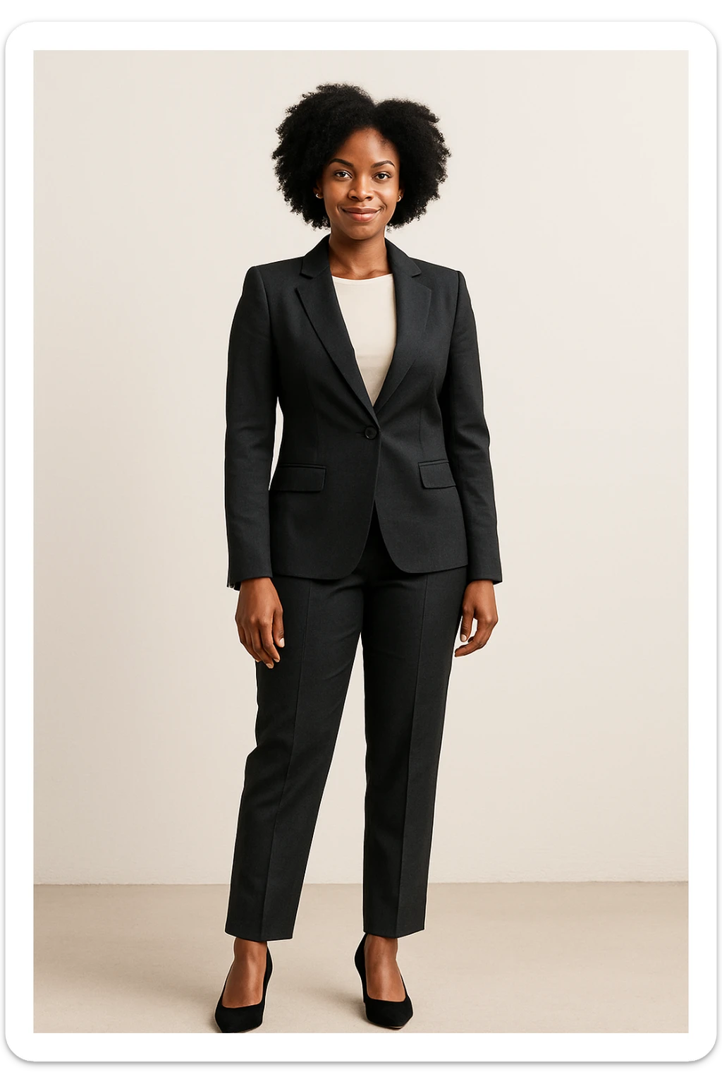 full body black woman in a smart suit and shoes, professional, confident, minimal background sticker
