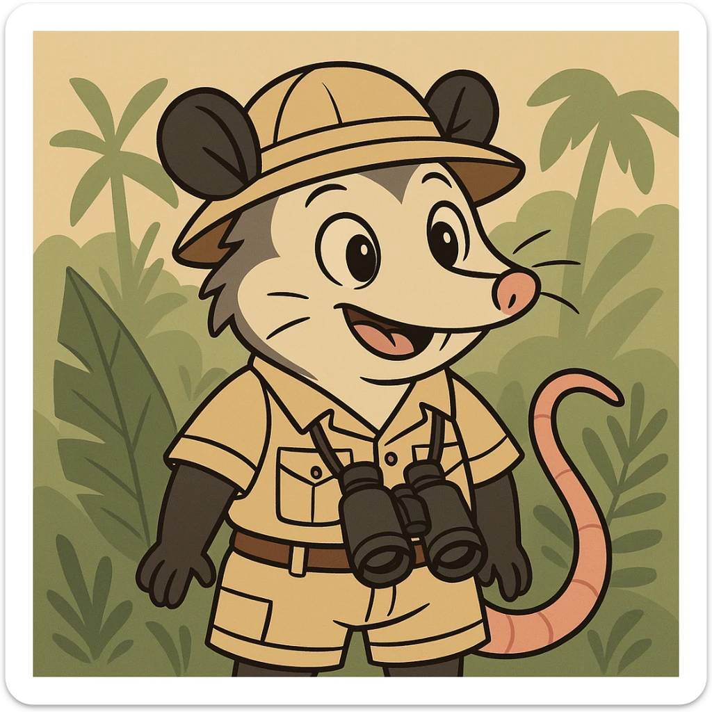 cute cartoon possum dressed up for a safari in the jungle, vibrant and playful flat toon style sticker