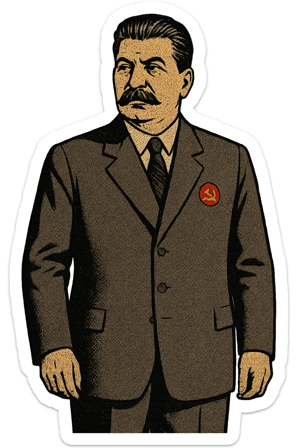 A full body image of a political leader who looks like Joseph Stalin and  who is wearing a suite with a badge of the communist party on his jacket.  He will be looking serious sticker