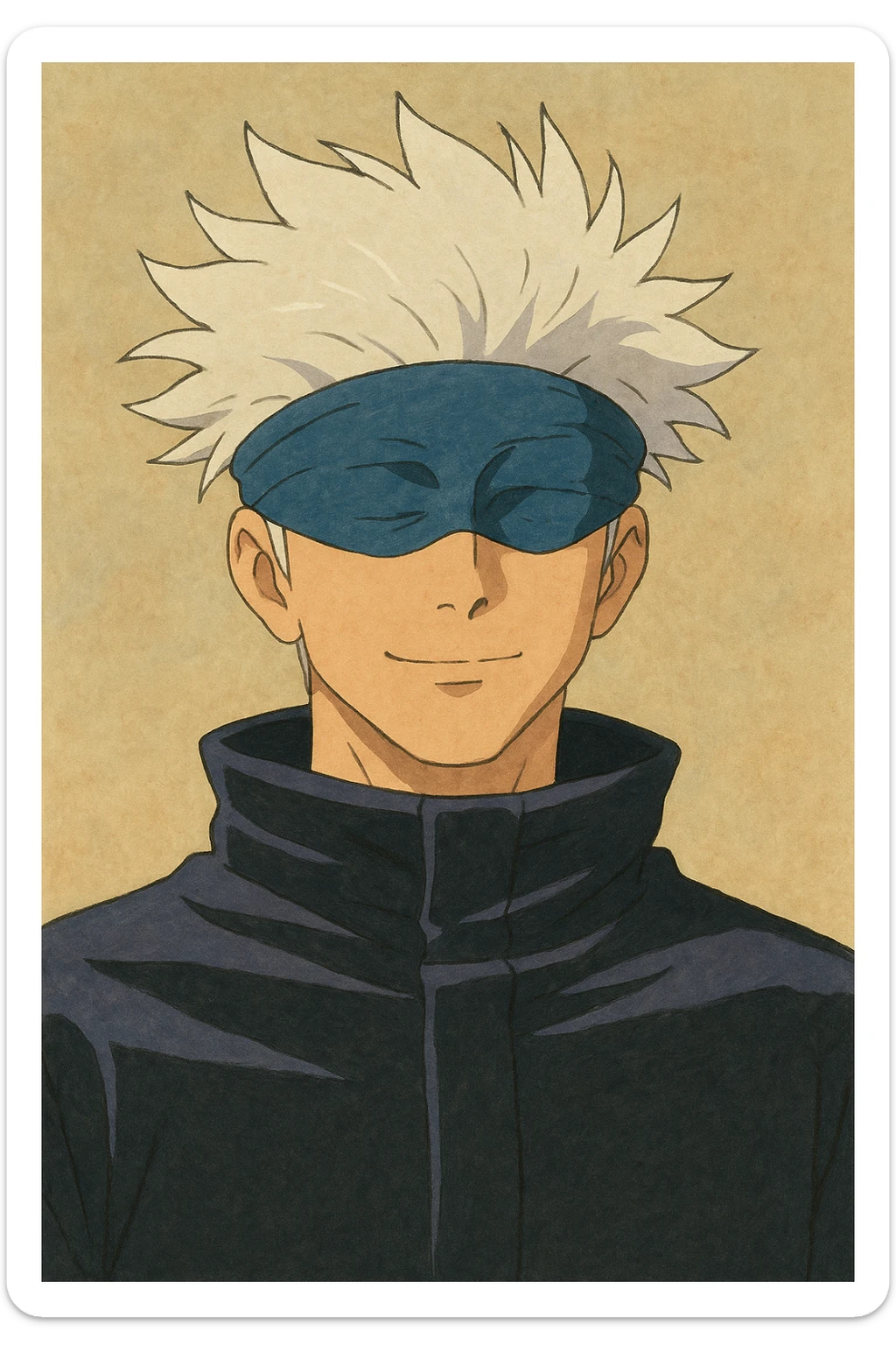 Satoru Gojo from Jujutsu Kaisen, spiky white hair, blue blindfold, gentle confident expression, soft painterly look, Ghibli style sticker