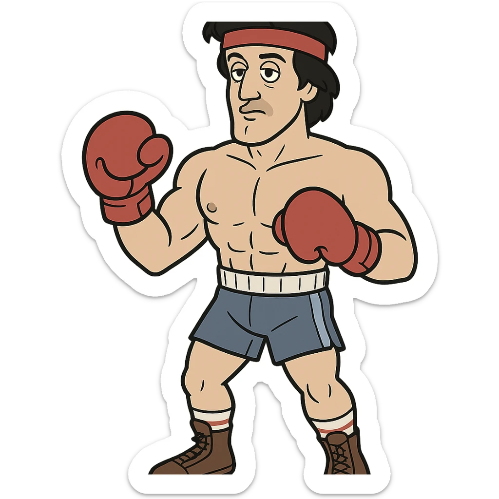 Cartoon version of Sylvester Stallone as Rocky, with boxing gloves, headband, athletic build sticker