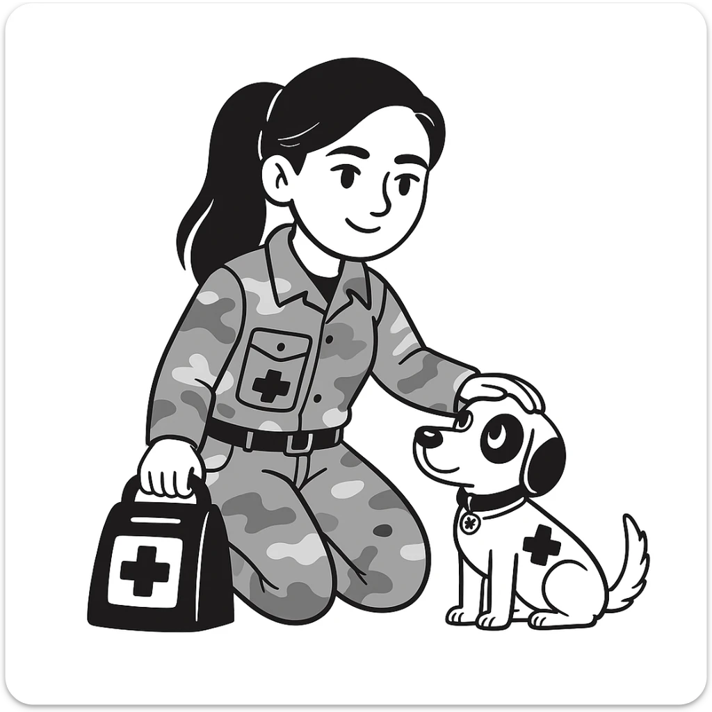 military girl, a medic with a small dog, doodle style, make the character look like her sticker