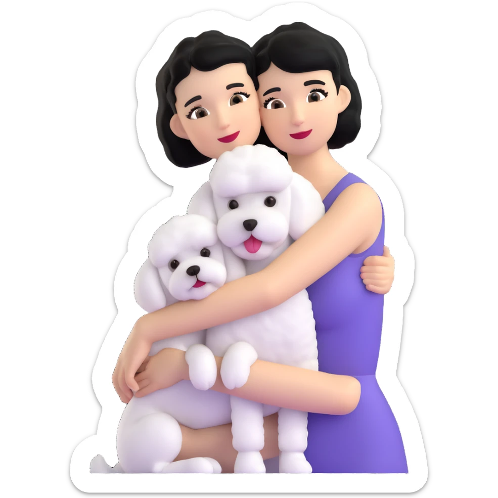 woman with short black hair hugging a brown poodle and a white bichon frise sticker