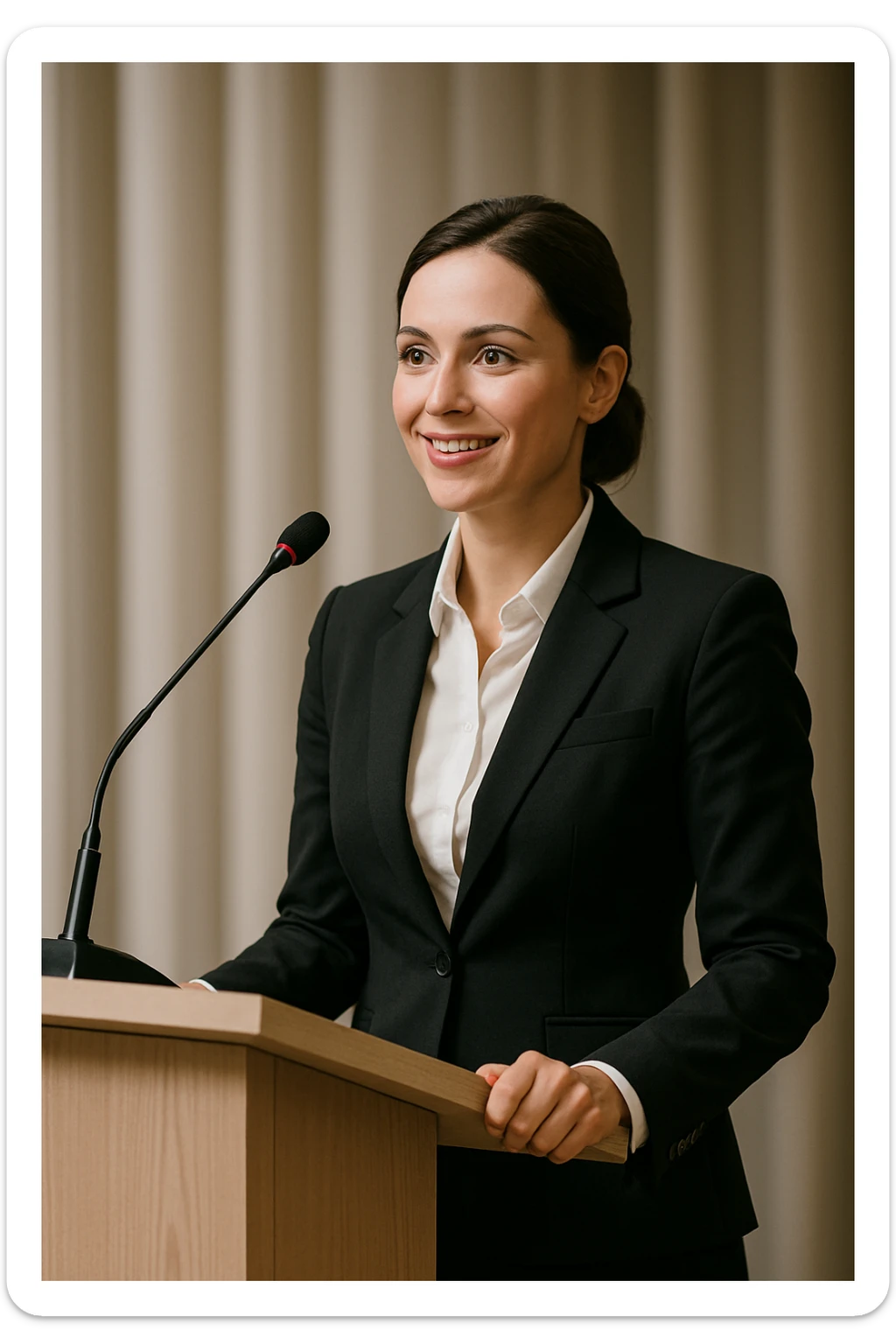 a female speaker at an event standing at a podium, professional, clear view of the podium and microphone, confident posture, business attire sticker