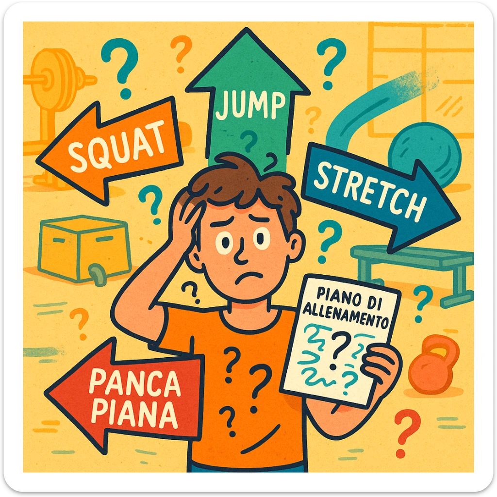 a person stands in the center of a gym, surrounded by arrows pointing in all directions, each labeled with a different exercise (e.g., “squat,” “jump,” “stretch,” “bench press”). The person looks bewildered, holding a workout plan with scribbles and question marks. The scene is colorful but visually messy, symbolizing confusion. in italiano sticker