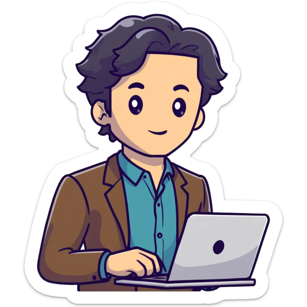 Business strategist man with black wavy hair, stubble, chiseled face, wearing blazer and button-up shirt, holding laptop, confident expression sticker