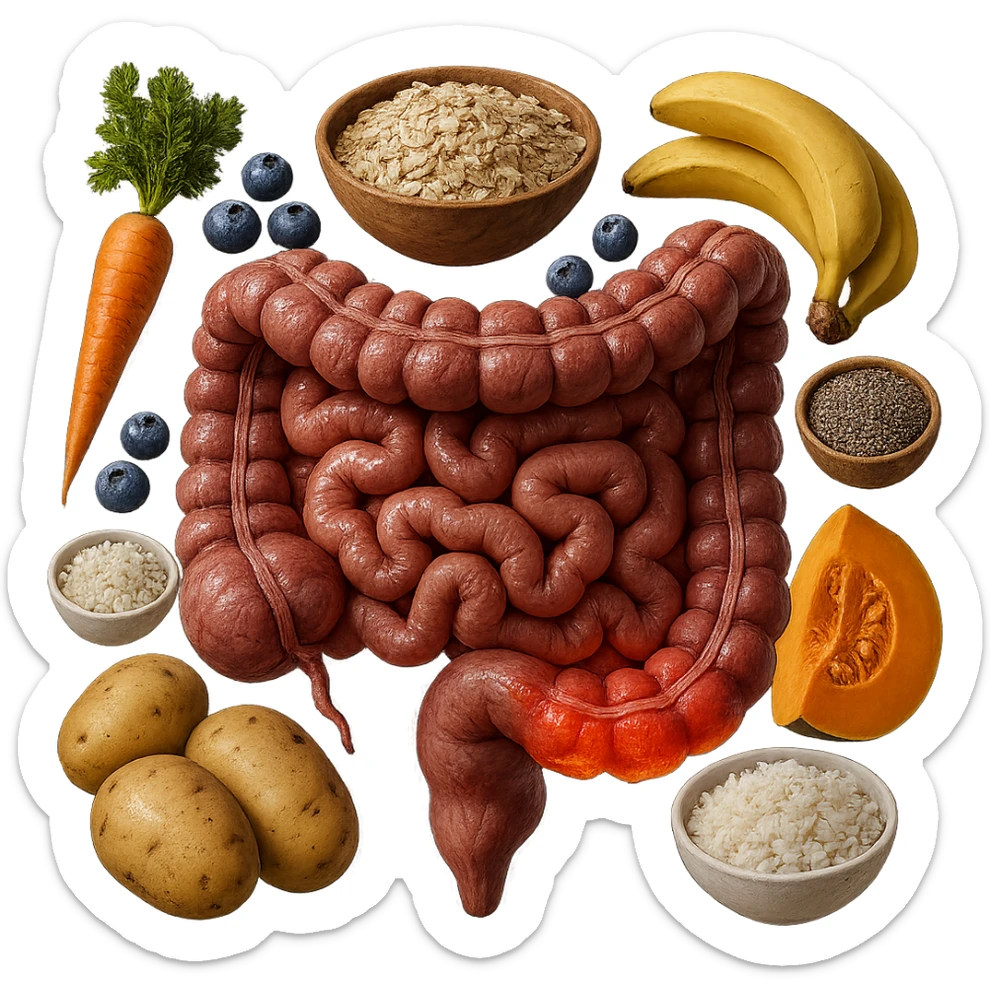 intestino umano anatomico infiammato con carota, bowl di avena, mirtilli, bowl di semi di chia, patate, banane, zucca, bowl di riso che gli fluttuano dietro, iperrealistico 4k sticker