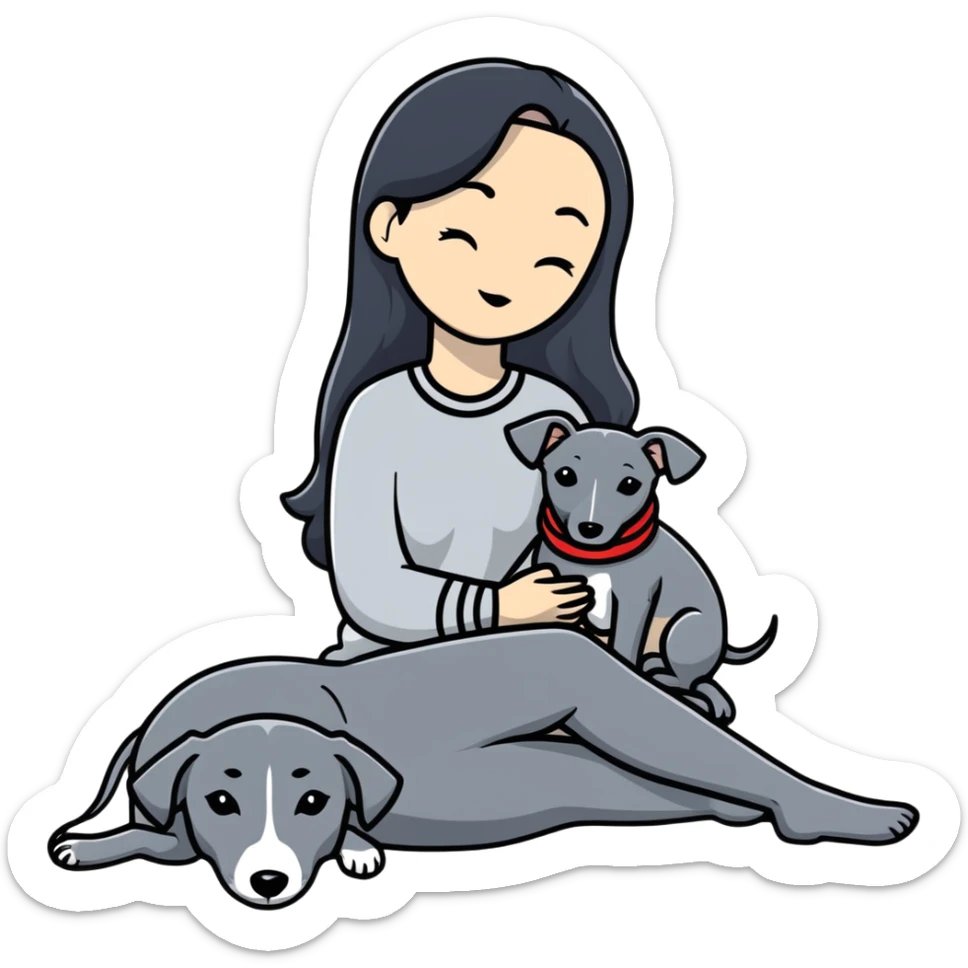 Very thin Chinese woman with long black hair relaxing in a luxurious hotel suite with exactly ONE whippet dog. EXTREME IMPORTANCE: the whippet must be ONE SOLID VERY DARK CHARCOAL GREY COLOR from nose to tail with ABSOLUTELY NO WHITE MARKINGS anywhere - NO white on face, NO white on muzzle, NO white on chest, NO white on paws, NO white on tail - NOTHING BUT A SINGLE SHADE OF VERY DARK GREY throughout the entire animal sticker