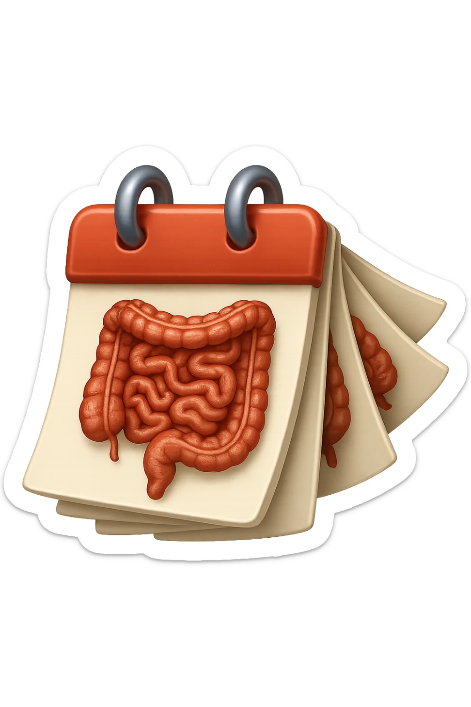 emoji stile iphone di un calendario con fogli che volano insieme, sui fogli ci sono disegnati degli intestini anatomici, iperrealistico 4k, isolato su sfondo bianco sticker