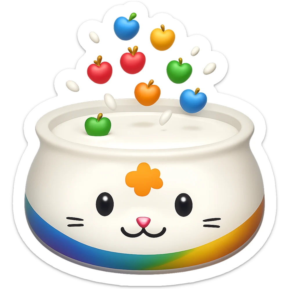Replace the food in the cute cat food bowl with milk, the bowl is overflowing with milk, keep the cute cat food bowl style and apple emoji style, no background. sticker