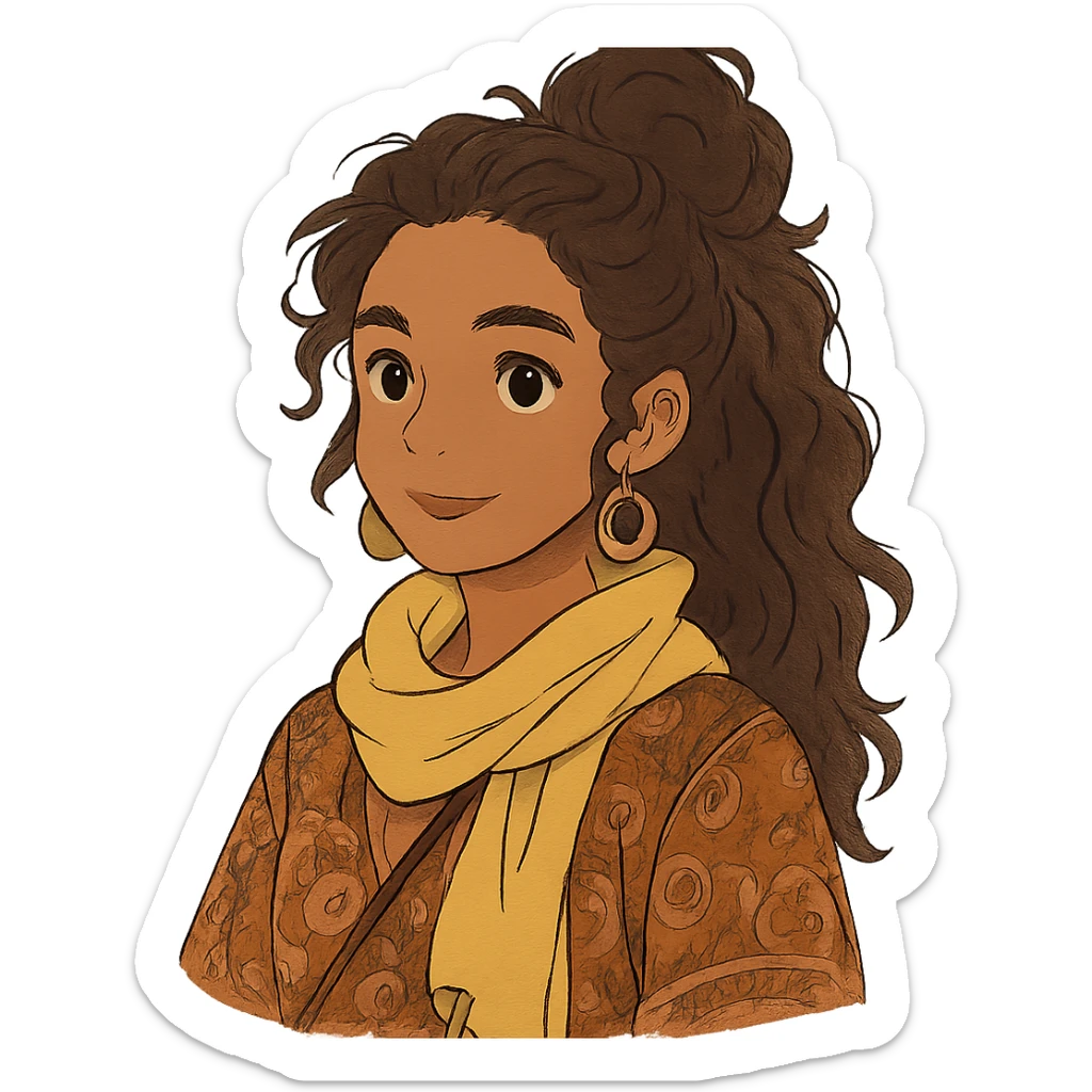 bohemian style girl with brown skin, long brown curly hair tied high, wearing a lemon yellow scarf and round earrings sticker