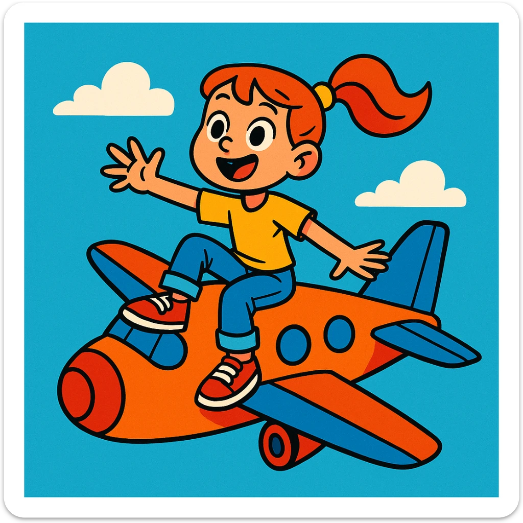 a girl sitting on top of an airplane, playful and adventurous, clear sky background, vibrant colors sticker