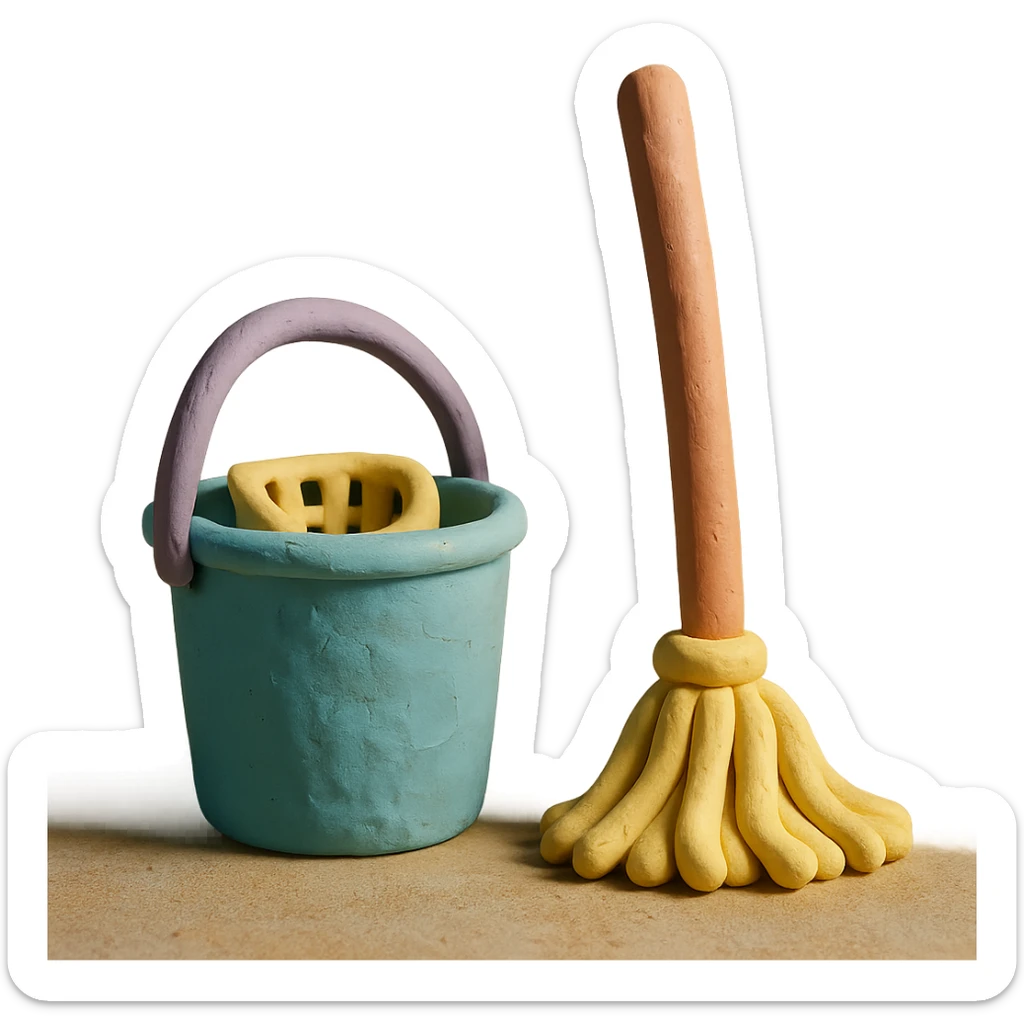 bucket and mop in claymation style, pastel colors, visible fingerprints, soft matte finish sticker