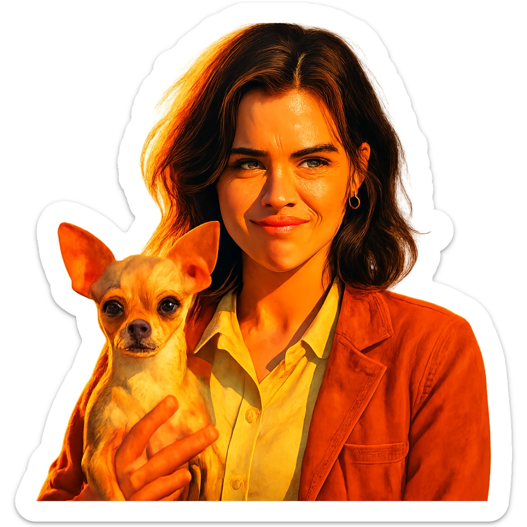 portrait centré d'une femme inspirée du visage de Zoe Deutch, teint hâlé, taches de rousseur discrètes, expression rebelle et enjouée, cheveux bruns mi-longs avec reflets auburn, chemise couleur #FFF8CA, veste rouille, tenant un chihuahua beige-marron, effet golden hour, fond transparent, style série Netflix, ambiance colorée et pop sticker