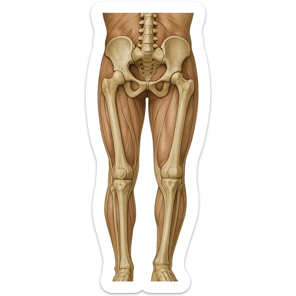 Edit the image to depict an inhibited leg (shorter than the other), in a medical anatomical style, posterior view, hyperrealism, with no background. Variation 4. sticker