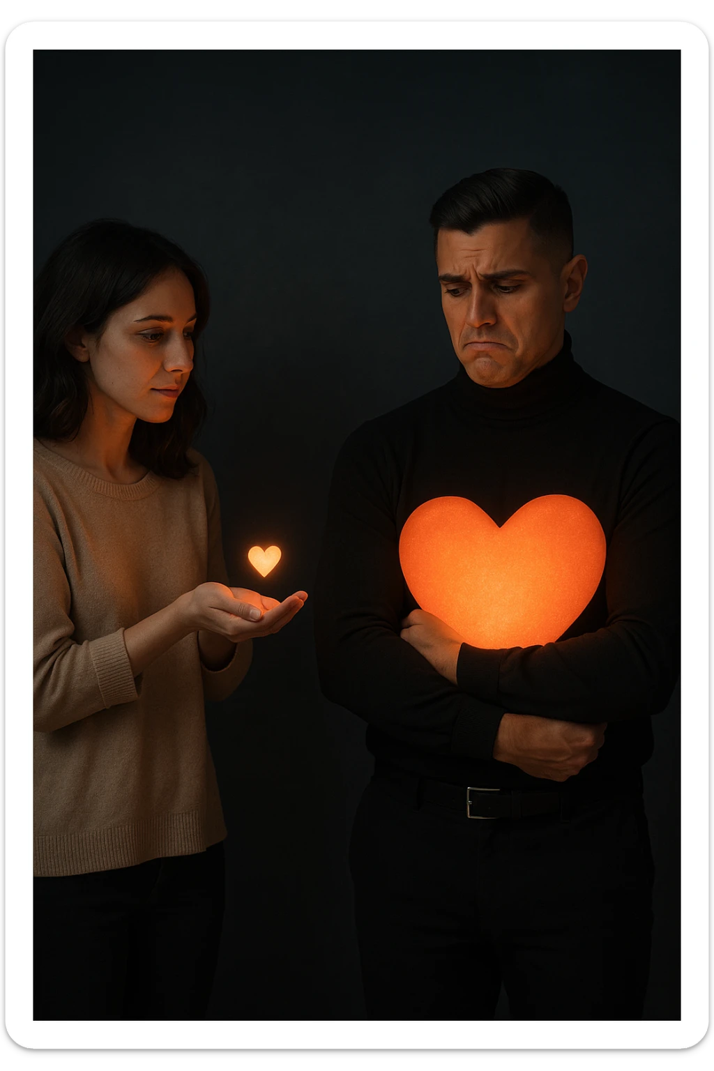an Italian man in his 30s with olive skin and dark hair stands apart from a woman who offre un piccolo cuore luminoso tra le mani. Lui guarda il cuore con un’espressione triste e insoddisfatta, tenendo tra le braccia un cuore molto più grande e brillante, mentre la distanza tra loro è accentuata da luci soffuse e ombre. sticker