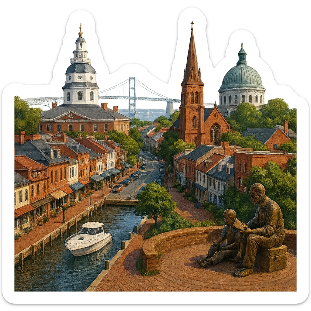 cinematic realistic emoji of Annapolis city view featuring Maryland State House, Naval Academy Chapel, Ego Alley, St. Anne's Church, Kunta Kinte-Alex Haley Memorial, Chesapeake Bay Bridge in the distance, lifelike detail, accurate colors, bright daytime, no sky, no clouds, transparent background sticker