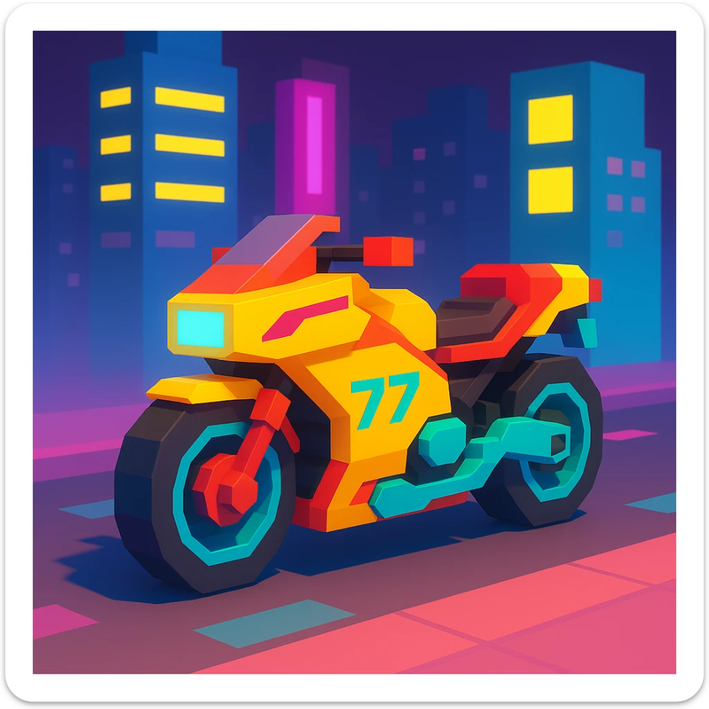 cyberpunk 2077 motorcycle, blocky design, neon lights, cityscape sticker
