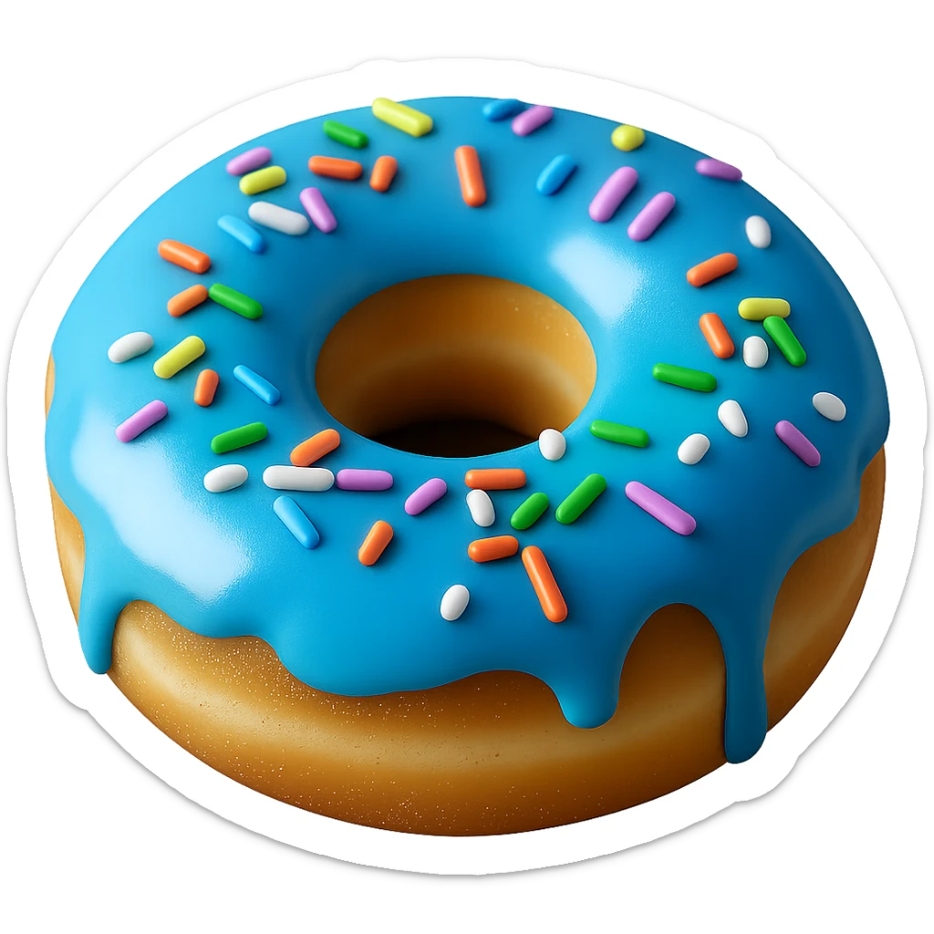 Change the glaze of the donut to a vibrant blue color, keep the donut realistic with soft lighting, transparent background. sticker